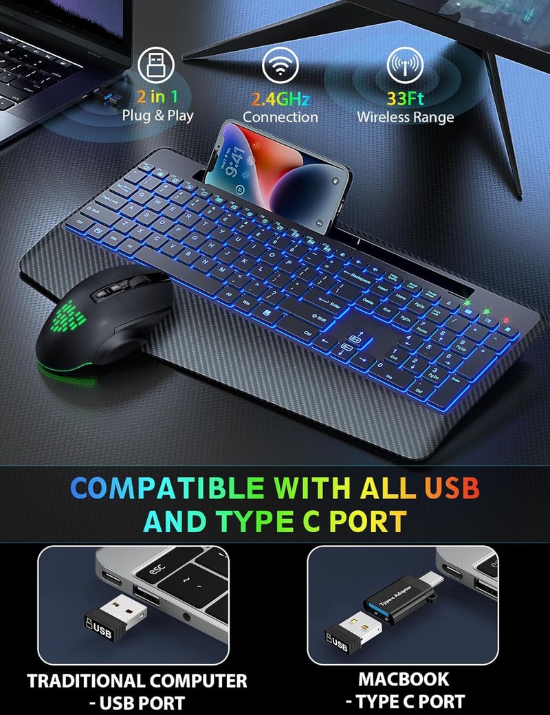 SABLUTE Wireless Keyboard and Mouse Backlits, Wrist Rest, LED Mouse, Rechargeable Ergonomic Keyboard with Phone Holder, Silent Light Up Combo for Computer, Mac, PC, Laptop, Chromebook (Black) - Image 5